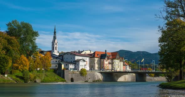 Timelapse of Golden Autumn in Famous Tourist Landmark Medieval Town Bad Tolz. View of Isar River
