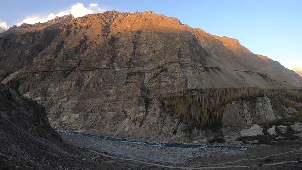 Pan Right View Of Rugged Skardu Valley With Winding River Flowing Through