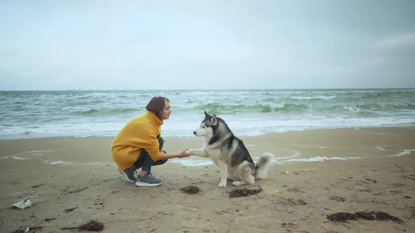 Young Beautiful Female Walking with Siberian Husky Dog on the Beach