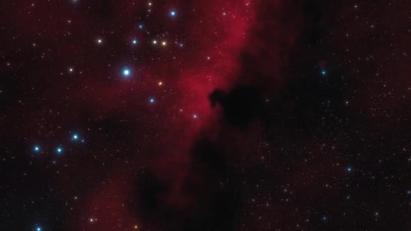 Spaceship Flies Near Red Nebula in Space