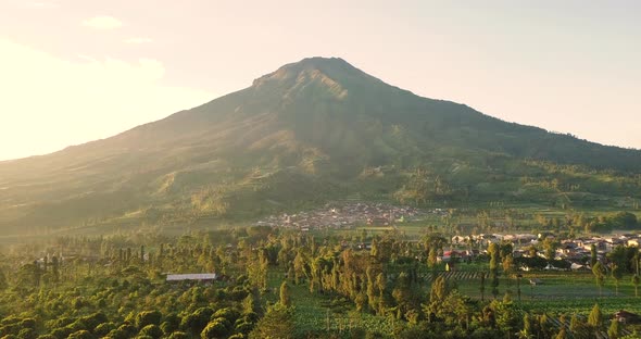 Mount sumbing with rural view and lush trees in tobacco plantations with blue sky on the background