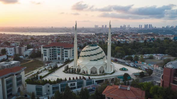 Futuristic Marmara Mosque in Istanbul, Modern Looking Mosque at Sunset with Cityscape, Aerial