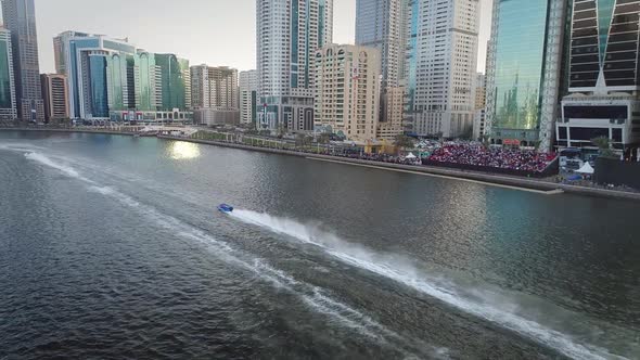 Aerial view of speedboats during the race in Khalid lake in Sharjah.