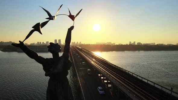 Metro Bridge in the Morning at Sunrise in Kyiv, Ukraine. Dnipro Station