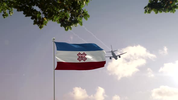 Mari El Flag With Airplane And City -3D rendering