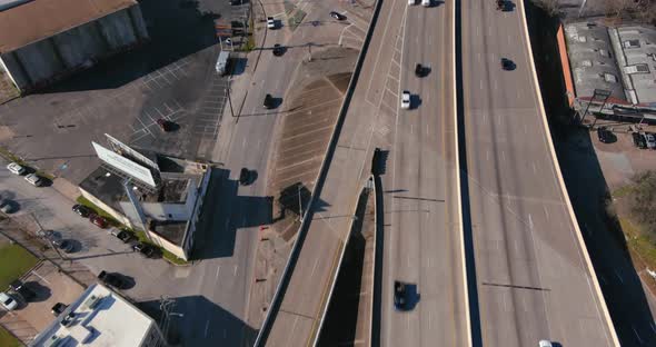 Birds eye view of cars on I-10 freeway near downtown Houston