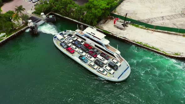 Aerial Pull Out Shot Ferry To Reveal Fisher Island Miami Beach 