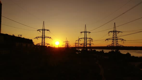 Electricity transmission lines. Distribution electric substation with power lines