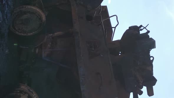 Vertical Video of a Destroyed Military Hardware in Bucha Ukraine