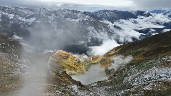 Aerial drone view of nature in Romania. Transfagarasan route in Carpathian mountains