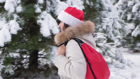 A Woman in Santa's Hat with a Red Bag of Gifts Walks in a Snowcovered Pine Forest in Winter