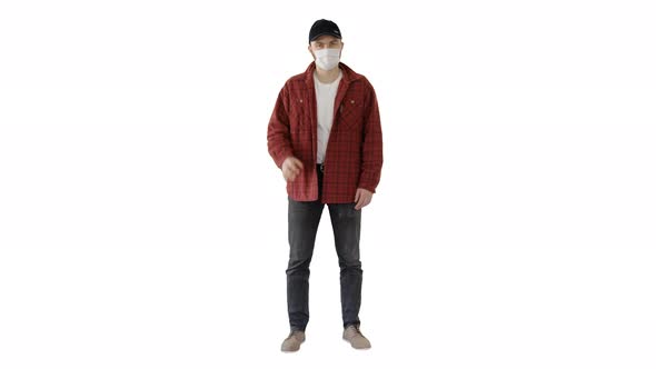 Farmer Wearing Medical Mask Looking To Camera Showing Ok Sign on White Background.