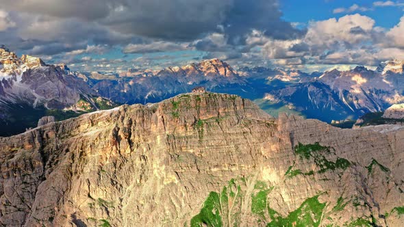 Mountain shelter nuvolau near Passo Giau, Dolomites from above