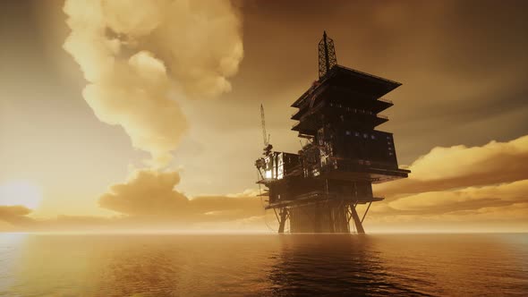 Offshore Jack Up Rig in The Middle of The Sea at Sunset Time alt