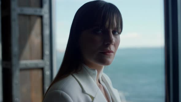 Sea Panoramic Window Businesswoman Portrait Closeup