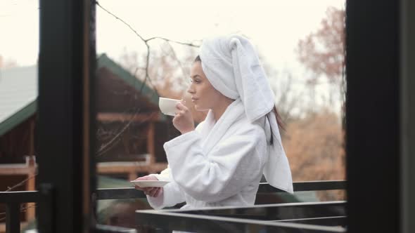 Woman Bathrobe Standing Balcony Beautiful View Forest Modern Hotel Room