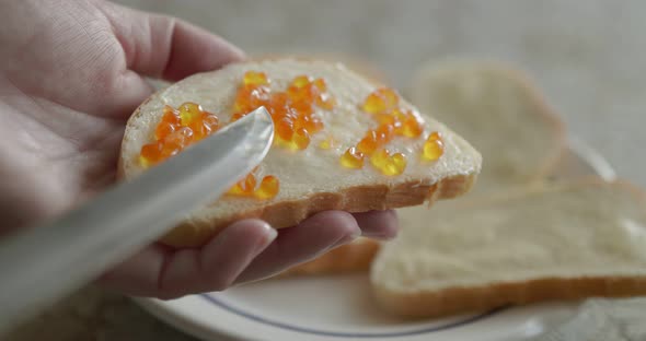 Hands Make a Sandwich with Red Caviar