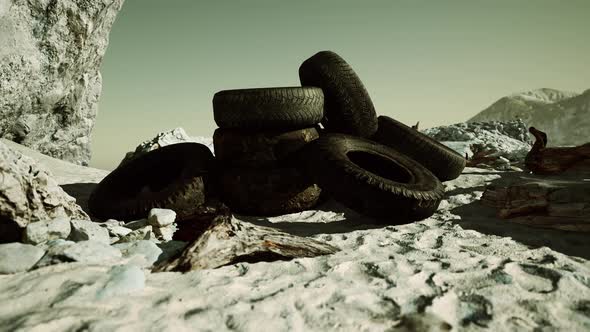 Old Tire on the Seashore and Pollution of Nature