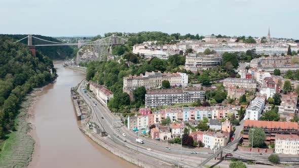 Slider drone shot back from colourful buildings in Clifton Bristol