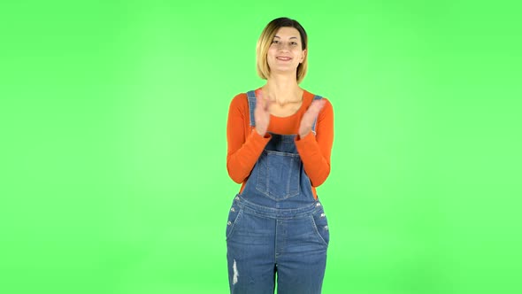 Girl Claps Her Hands with Wow Happy Joy and Delight. Green Screen