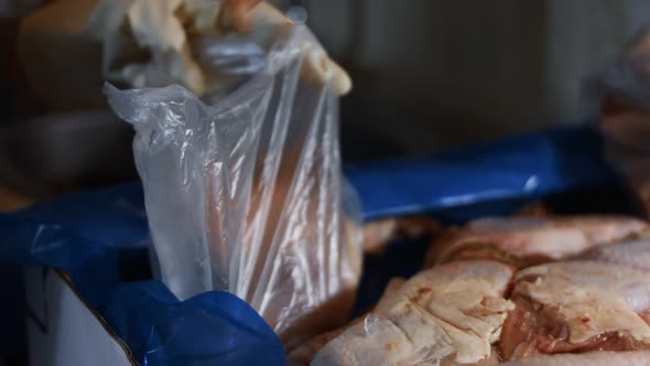 Macro View of Hands in Gloves Packing Chicken Legs From a Box Into Individual Plastic Bags