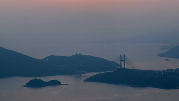 Hong Kong Sunset Arial View Panorama Time Lapse China. Zoom Out