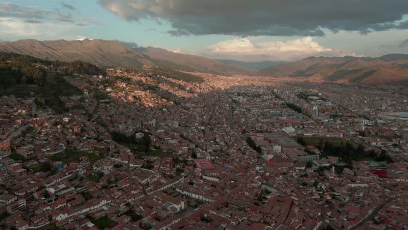 4k aerial drone panoramic view during the daytime, before sunset of the central Cusco, capital of th