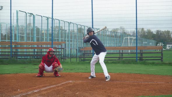 Baseball Training Game Guys Play Baseball Pitcher Throws the Ball to the Batter Batter Successfully