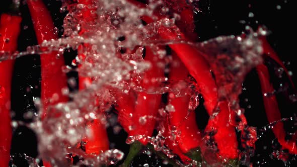 Super Slow Motion Pods of Red Chilli Fall on the Water with Splashes