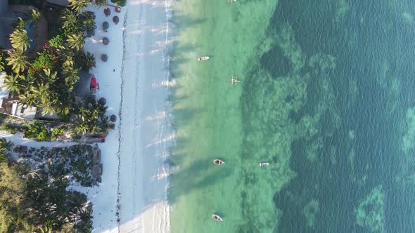 Vertical Video Boats in the Ocean Near the Coast of Zanzibar Tanzania Aerial View