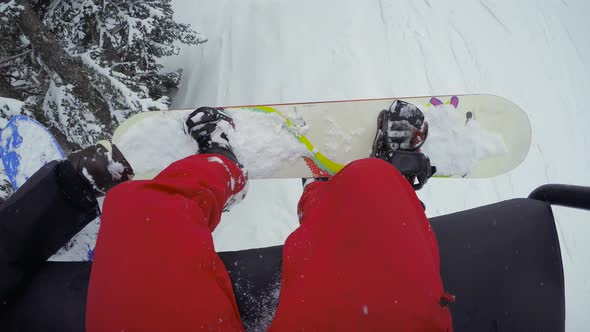 Riding Chairlift Looking Up From Snowboard