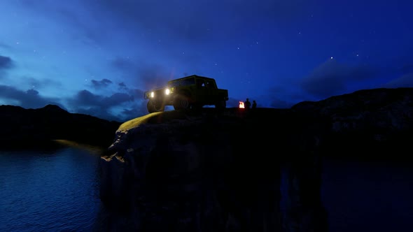 Couples Coming to Off-Road with a View of the Cliff and Burning Fire