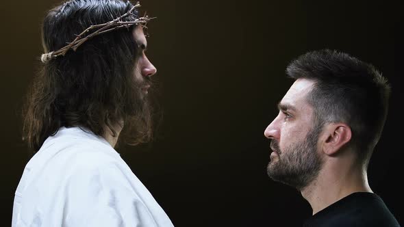 Jesus Christ Hugging Crying Male Parishioner, Making Satisfaction With Sins