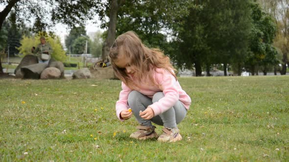 Little Beautiful Girl Plays on the Lawn in a Summer Park