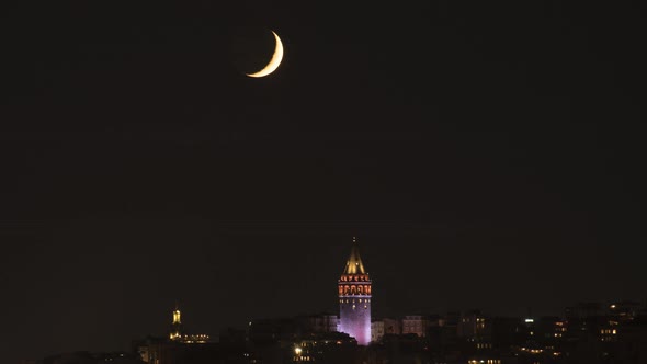 Istanbul bosphorus night galata tower moonset timelapse video