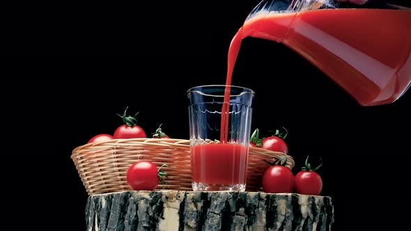Fresh Natural Tomato Juice, Fresh Tomatoes On A Rustic Style On A Black Background With Tomato Juice