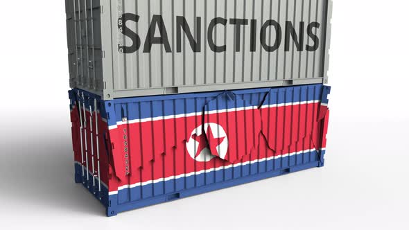 Container with SANCTIONS Text Breaks Container with Flag of North Korea