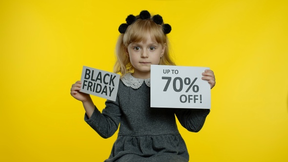 Child Girl Showing Black Friday and Up To 70 Percent Off Advertisement Banners. Low Prices, Shopping