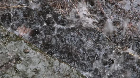 Raindrops Fall Into a Muddy Puddle During a Rainy Day