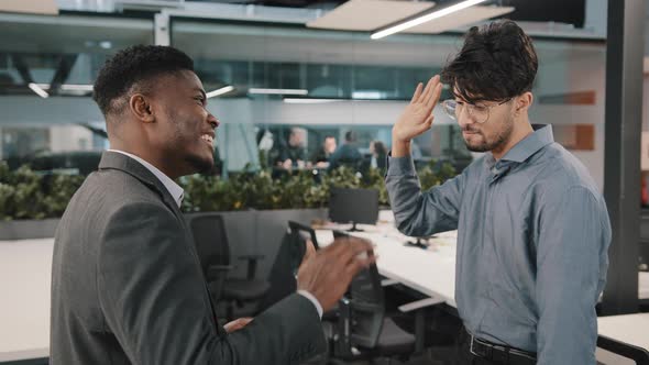 Two Multiracial Male Business Colleagues Partners African Bearded Boss Man Talking with European