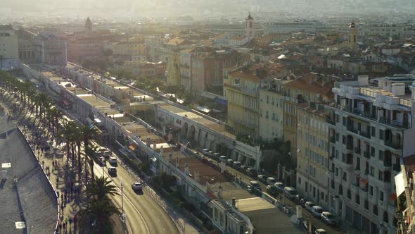 Panoramic View of Nice, France, Old Town, Embankment and Beach at Sunset Lights