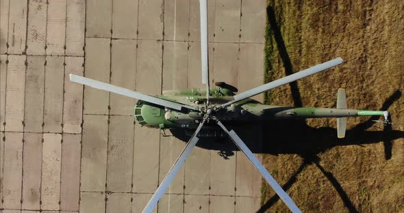 Aerial View Military Aviation Helicopter Stands at the Airfield