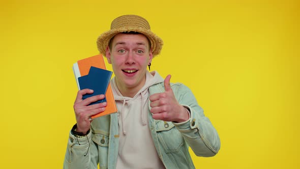 Summer Vacation Journey Traveler Tourist Teen Student Man Celebrating Holding Passport Tickets