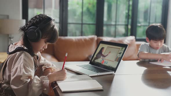 Homeschool Asian little young girl learn online class from school teacher by digital remote at home.