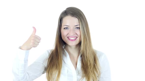 Thumbs Up By Beautiful Woman, White Background