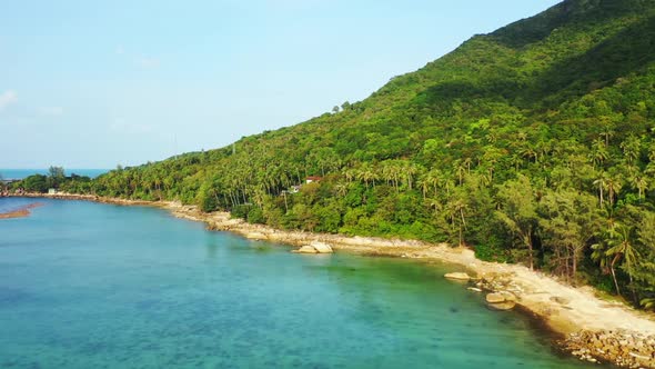 Aerial above landscape of perfect resort beach journey by clear sea with bright sandy background of 