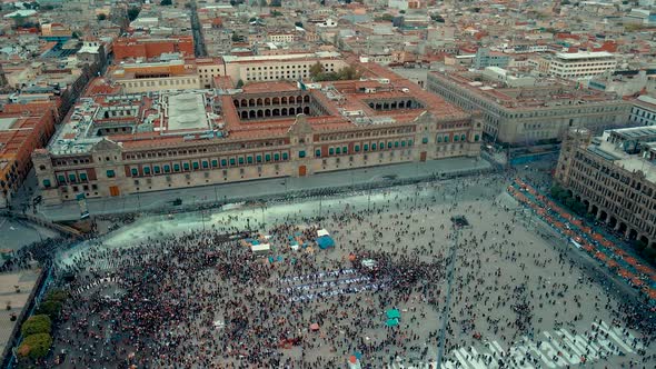 Orbital view of Mexico city Zocalo during womans day march
