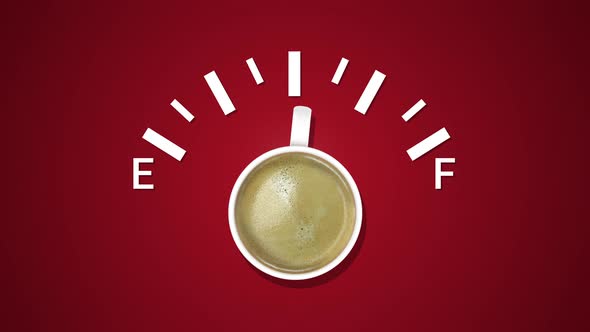 Animation of Fuel Indicator Showing Fuel Level with Cup Coffee at Red Background