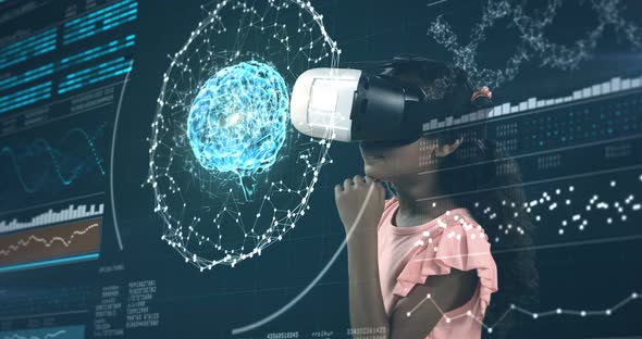 Girl using virtual reality headset and digital screen
