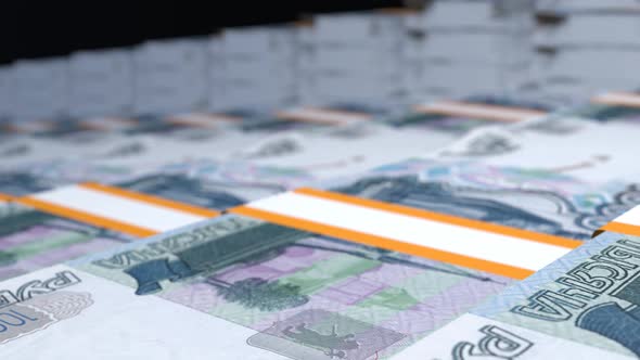 Many wads of money. 1000 russian ruble banknotes. Stacks of money.